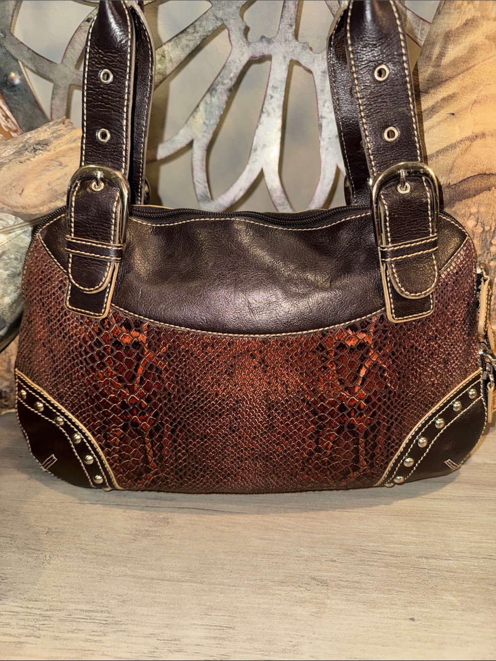 Sharif Brown & Dark Brown Snake-Print Shoulder Bag - Picture 3 of 8